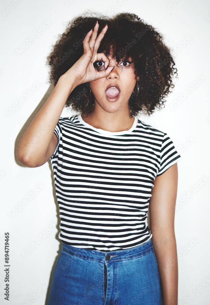 Portrait, girl and hand binoculars with shocked, white background and fashion for style or trendy clothes. Female person, gesture and expression as surprised, curious or playful in studio backdrop Portrait, girl and hand binoculars with shocked, white background and fashion for style or trendy clothes. Female person, gesture and expression as surprised, curious or playful in studio backdrop