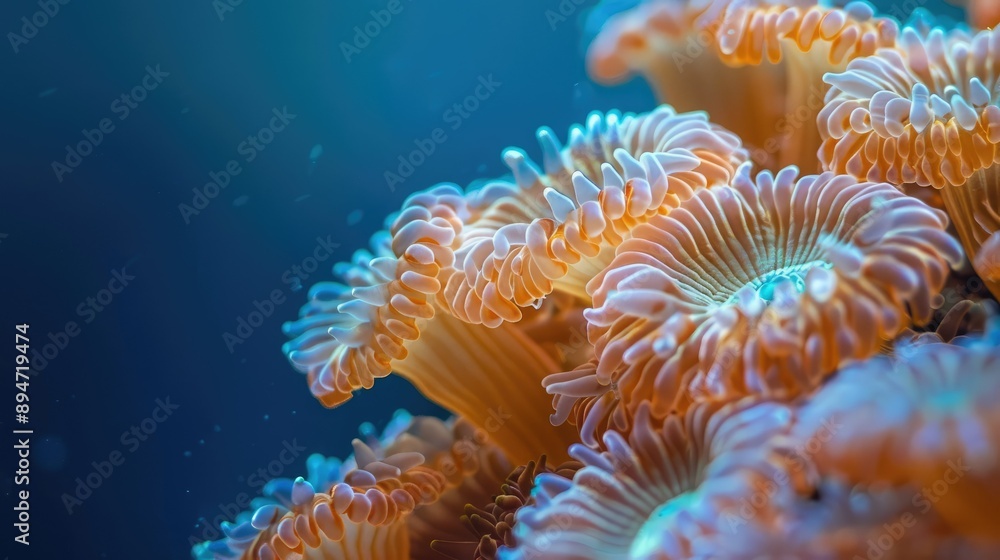 Coral polyps seen in close-up, under clear blue water, highlighting their stunning natural patterns Coral polyps seen in close-up, under clear blue water, highlighting their stunning natural patterns