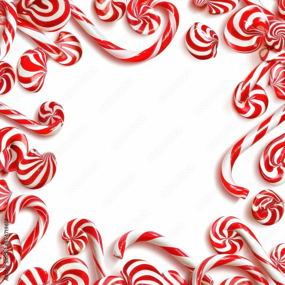 whimsical candy cane frame with swirling red and white stripes festive border of lollipops creates a playful christmas template on crisp white background whimsical candy cane frame with swirling red and white stripes festive border of lollipops creates a playful christmas template on crisp white background
