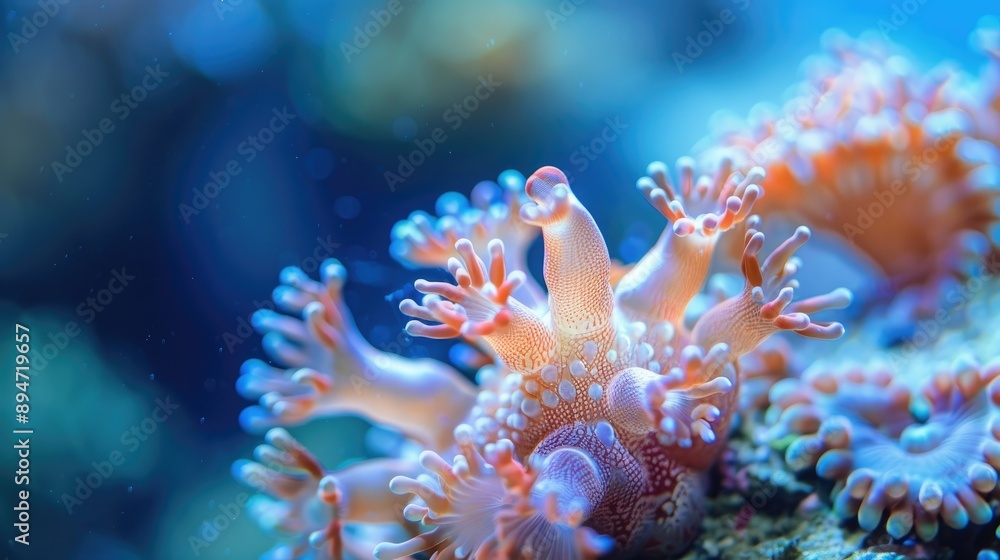 Naklejka premium Coral polyps seen in close-up, under clear blue water, highlighting their stunning natural patterns