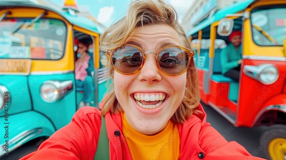 A Cheerful Young Woman, Radiating Joy, Enjoying Travel And Taking A Selfie With Her Smartphone Near A Vibrant Tuk-Tuk A Cheerful Young Woman, Radiating Joy, Enjoying Travel And Taking A Selfie With Her Smartphone Near A Vibrant Tuk-Tuk