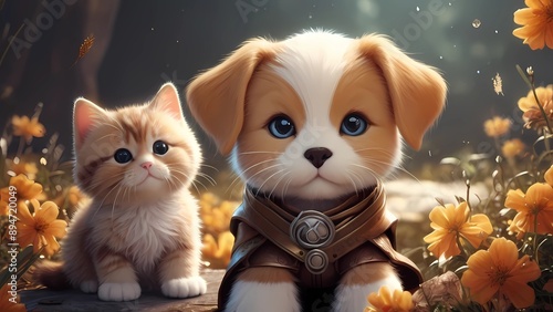 A cute kitty and a puppy with costume. Generative AI