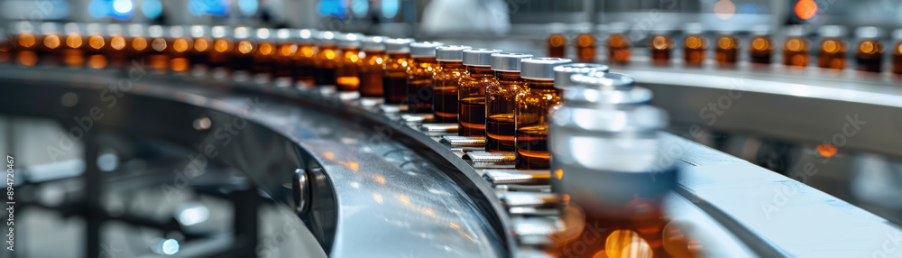 Assembly line in pharmaceutical factory with brown glass bottles on conveyor belt, showcasing automated production process in modern facility. Assembly line in pharmaceutical factory with brown glass bottles on conveyor belt, showcasing automated production process in modern facility.
