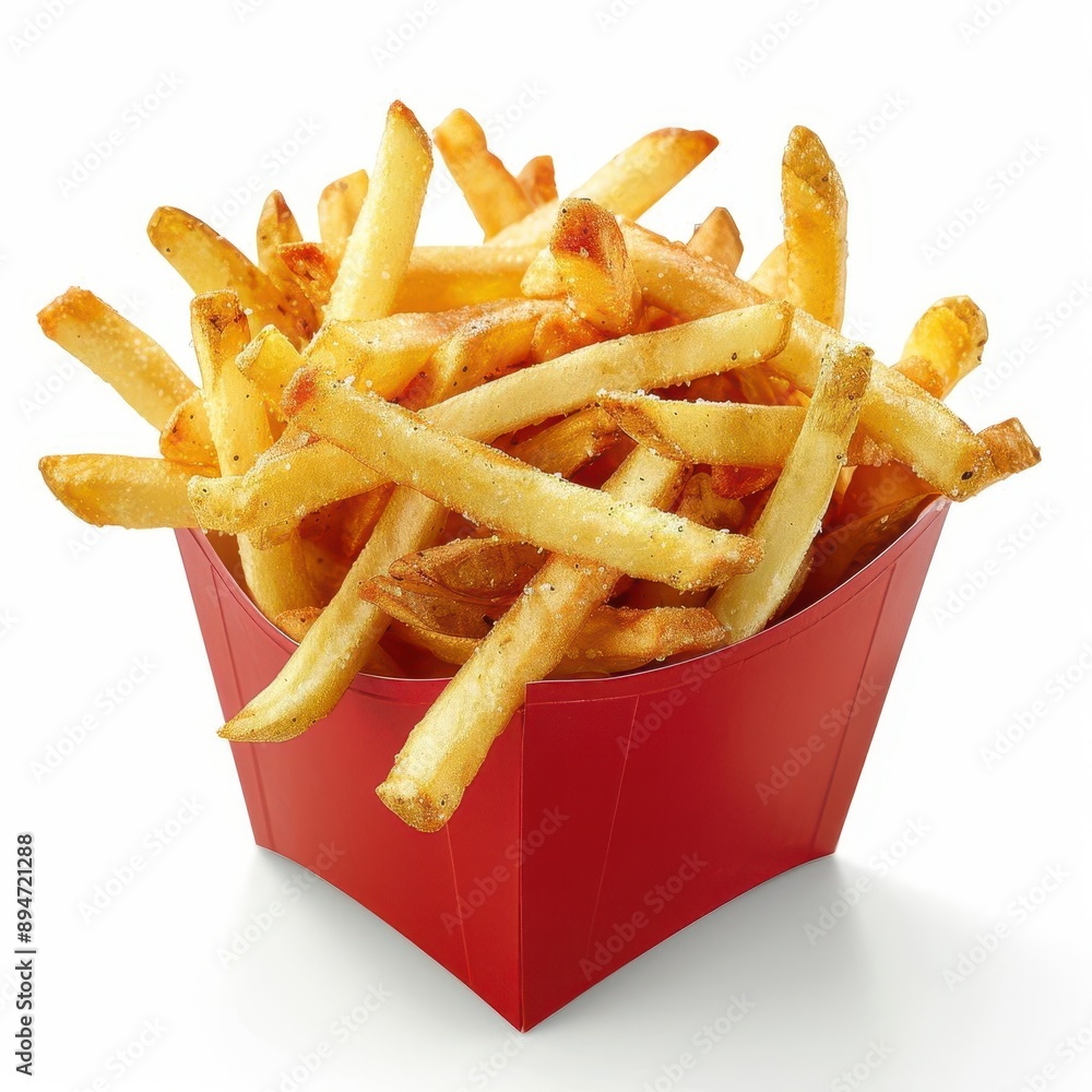 A generous serving of golden, crispy French fries in a red container, perfect for snacking or as a side dish. A generous serving of golden, crispy French fries in a red container, perfect for snacking or as a side dish.