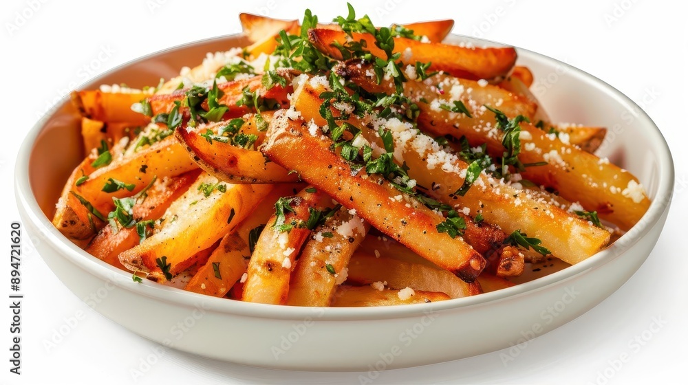 Delicious golden French fries topped with grated Parmesan cheese and fresh parsley, served in a white bowl. Perfect for a tasty snack or side dish. Delicious golden French fries topped with grated Parmesan cheese and fresh parsley, served in a white bowl. Perfect for a tasty snack or side dish.