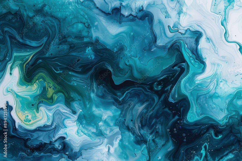 Abstract fluid art with swirling blue, green, and white colors, creating an ocean-like texture and depth, perfect for backgrounds and design projects. Abstract fluid art with swirling blue, green, and white colors, creating an ocean-like texture and depth, perfect for backgrounds and design projects.