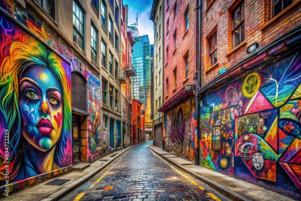 Fototapeta premium Vibrant street art and graffiti animate a gritty urban alleyway, capturing the dynamic essence of city life through bold colors and rebellious creative expression.