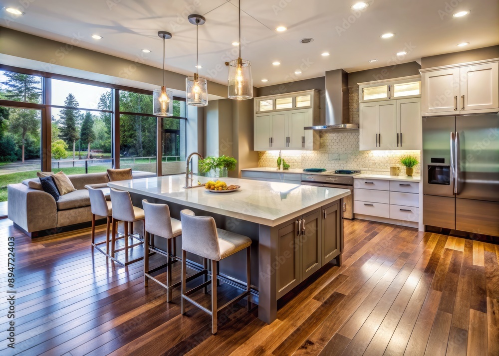 Spacious modern kitchen in luxury home with large island, sleek countertops, wooden floor, and plenty of natural light, featuring ample copy space for text or design. Spacious modern kitchen in luxury home with large island, sleek countertops, wooden floor, and plenty of natural light, featuring ample copy space for text or design.