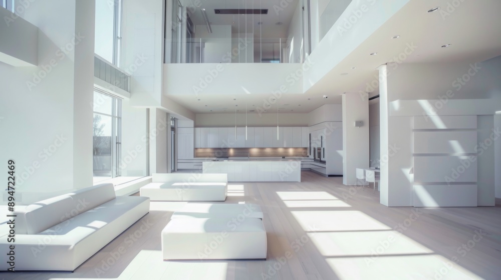 Fototapeta premium Spacious Minimalist Residence with Clean Lines and Maximized Natural Light in White, Gray, and Beige Tones - Serene and Elegant Home Design