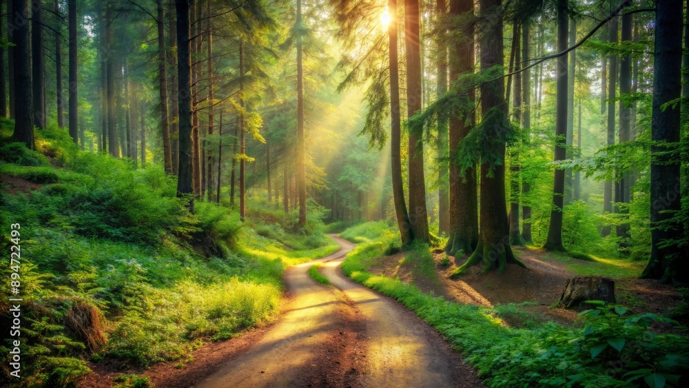 Naklejka premium Serene forest landscape featuring a winding dirt path disappearing into lush greenery, symbolizing the commencement of an exciting expedition into the unknown.