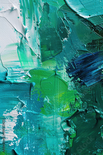 Abstract green and blue textured paint strokes on canvas, showcasing depth, movement, and vibrant color blends in a contemporary modern art piece.