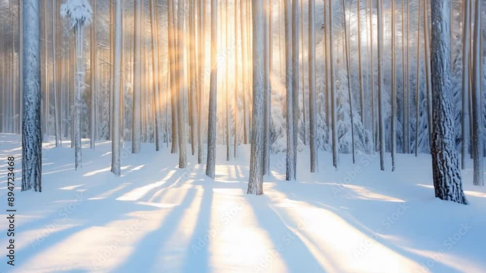 Video of Snowy forest landscape with sunbeams breaking through, peaceful, winter wonderland Video of Snowy forest landscape with sunbeams breaking through, peaceful, winter wonderland
