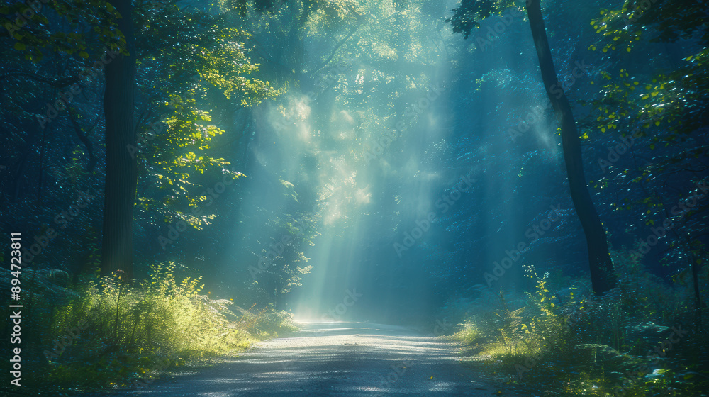 Fototapeta premium Sunlight filters through a dense forest, casting ethereal beams of light onto a serene, moss-covered path, creating a tranquil and mystical atmosphere.