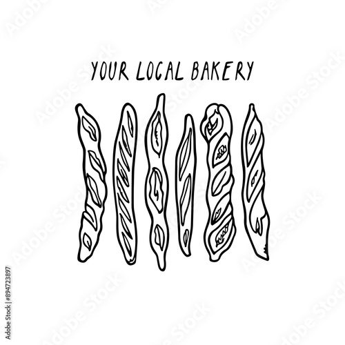 Vector illustration of hand drawn traditional French baguettes. Ink drawing, graphic style. Beautiful bakery or food industry design elements.