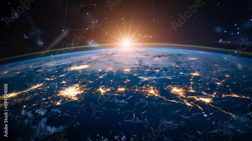 "Global network connectivity on Earth. Integration of artificial intelligence and digital technology with internet, big data analytics, e-commerce, and social networking."