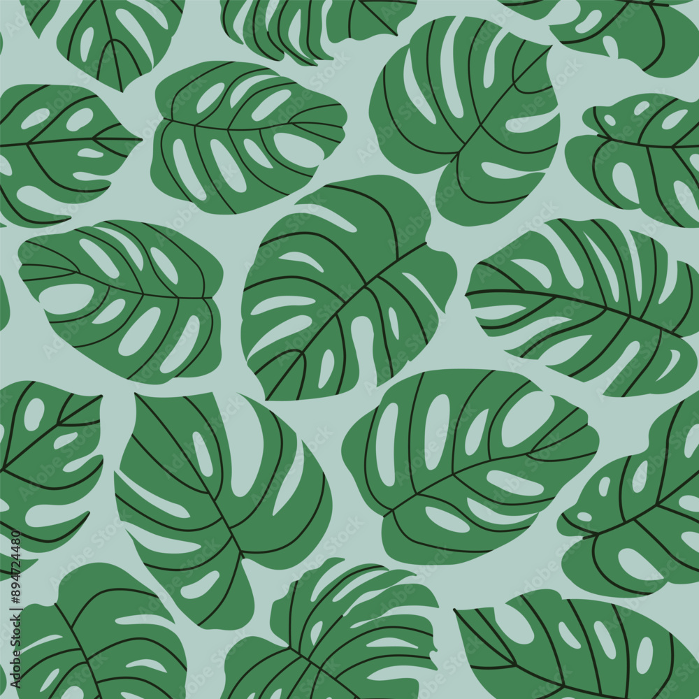Fototapeta premium Monstera leaves a seamless pattern. Exotic houseplant leaves on a blue background. Abstract hand-drawn botanical pattern for packaging, textiles, or wallpapers. Flat vector illustration.
