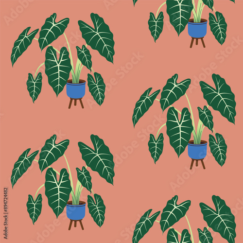 Houseplants alocasia in blue flowerpots seamless pattern. Trendy potted plants on a light red background. Home decor flowers in pots. Flat vector illustration for packaging, textiles, or wallpaper.