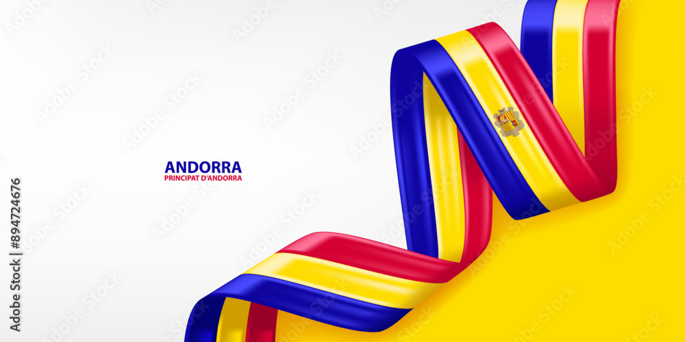 Obraz premium Andorra 3D ribbon flag. Bent waving 3D flag in colors of the Andorra national flag. National flag background design.