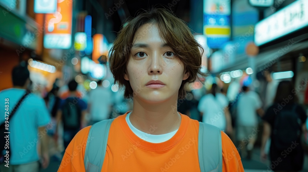 A Cute Asian Woman With A Backpack, Walking Confidently In A City Square A Cute Asian Woman With A Backpack, Walking Confidently In A City Square