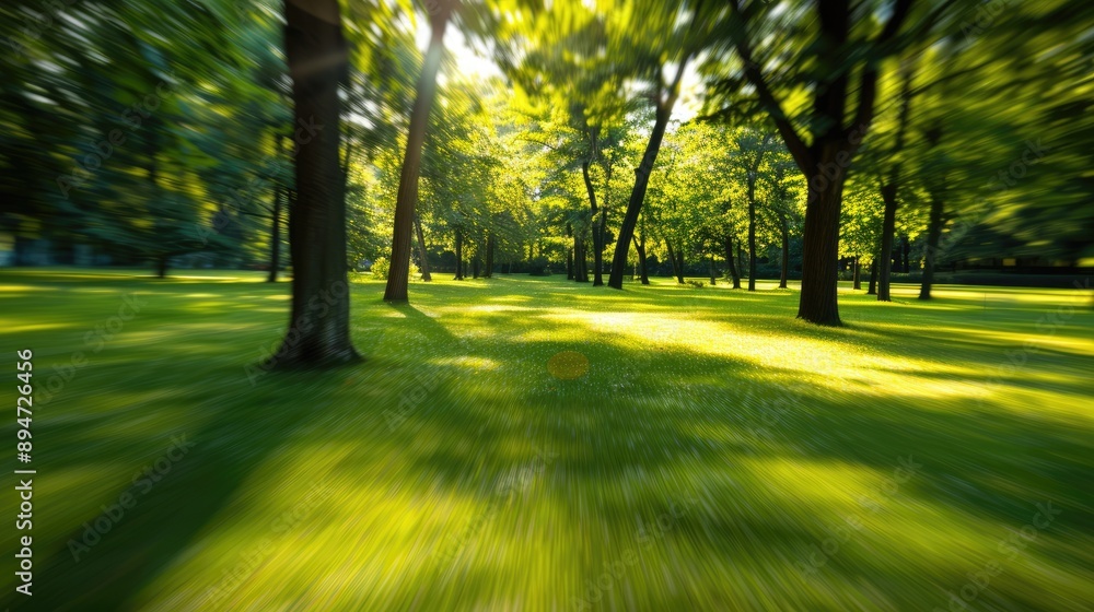 Obraz premium Abstract summer park: blurred green trees and lawn in natural light