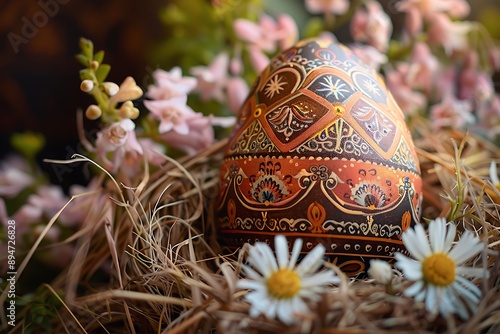 A close-up of a beautifully painted Easter egg with intricate patterns, resting in a nest of straw, with a background of delicate spring flowers. photo