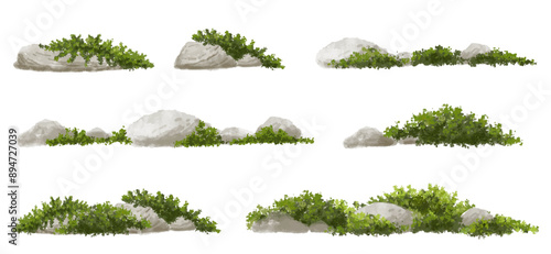 Vector watercolor of grass with rock for landscape and architecture drawing, elements for environment and garden, painting botanical for section,meadows or moss,green area