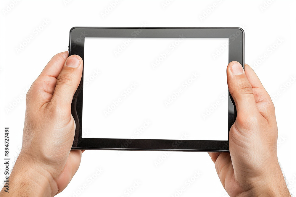 Male handheld tablet computer has a blank white screen and a transparent background. Screen display for mockup.
Male handheld tablet computer has a blank white screen and a transparent background. Screen display for mockup.
