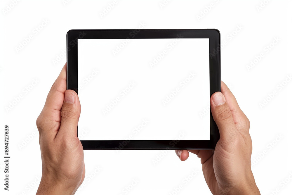 Male handheld tablet computer has a blank white screen and a transparent background. Screen display for mockup.
Male handheld tablet computer has a blank white screen and a transparent background. Screen display for mockup.