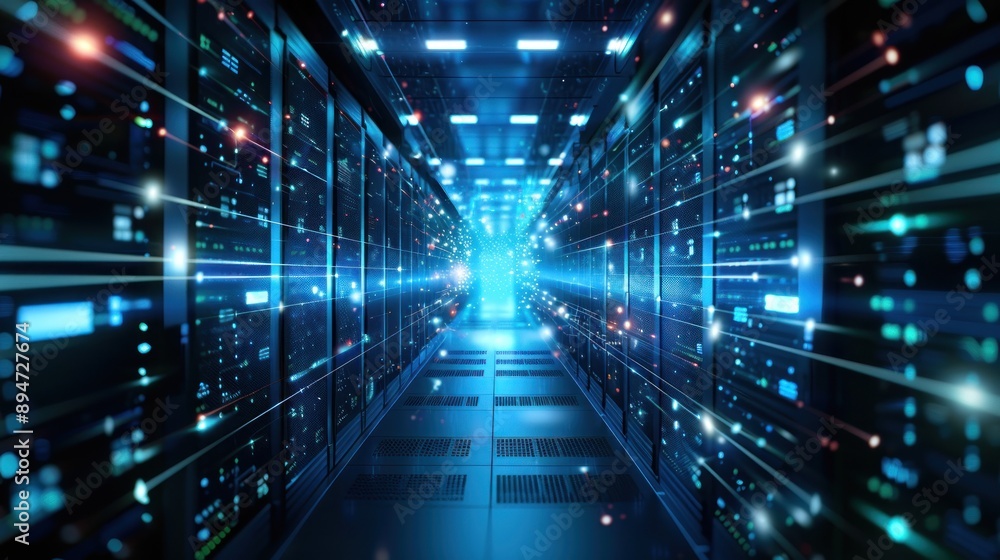 Data Center Interior - Server Room with Bright Lights Data Center Interior - Server Room with Bright Lights