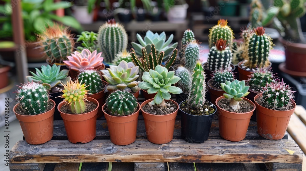 Different cacti and succulent plants in pots on wooden table Different cacti and succulent plants in pots on wooden table