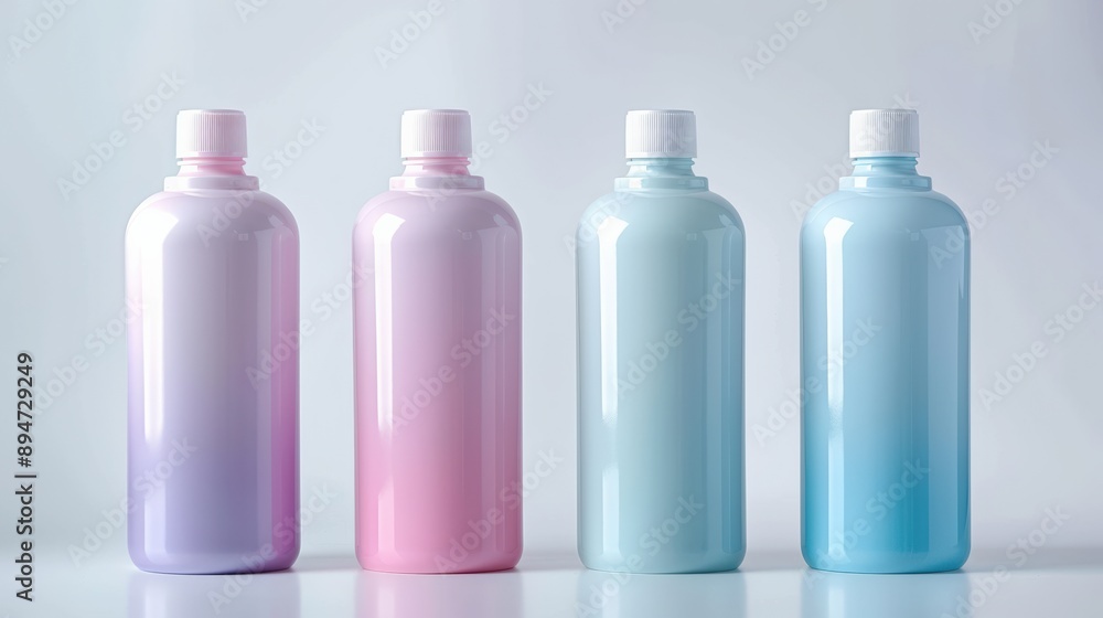Four Bottles of Liquid Soap in Different Colors with White Caps