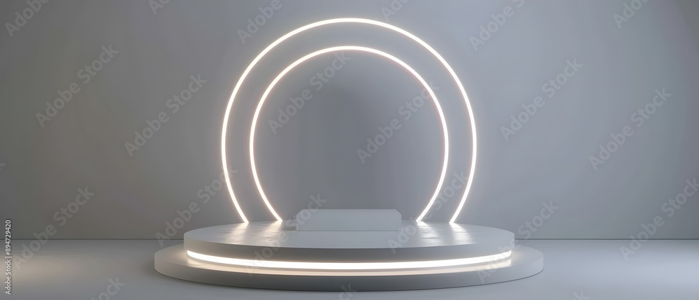 Minimalist showcase podium with glowing circular light design, perfect for presentations and product displays. Minimalist showcase podium with glowing circular light design, perfect for presentations and product displays.