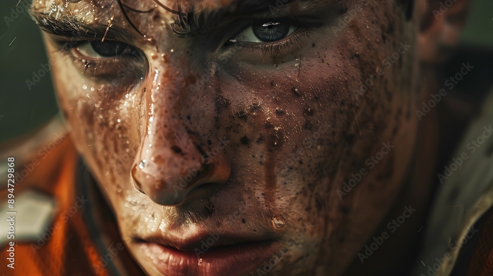 Intense Close Up Portrait of a Focused Football Player with Sweat Glistened Sculpted Features Intense Close Up Portrait of a Focused Football Player with Sweat Glistened Sculpted Features