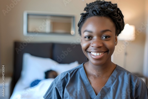 portrait of black nurse smiling in front view with patient on bed behind her, stock photo style, stock photography style, high resolution,  photo