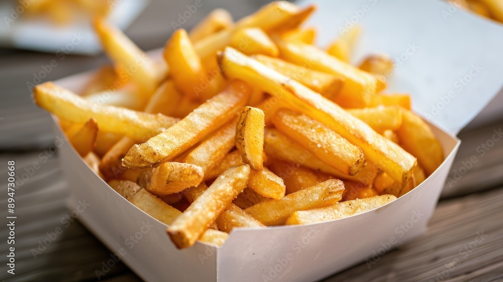 French fries served in a white paper box, with a detailed view of their golden brown appeal. French fries served in a white paper box, with a detailed view of their golden brown appeal.