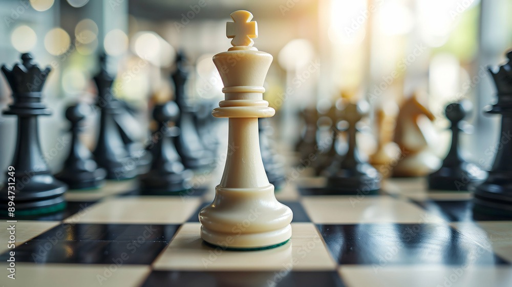 A detailed close-up of a white king chess piece standing prominently on a chessboard. The background showcases other chess pieces, slightly blurred, creating a dynamic depth of field. A detailed close-up of a white king chess piece standing prominently on a chessboard. The background showcases other chess pieces, slightly blurred, creating a dynamic depth of field.