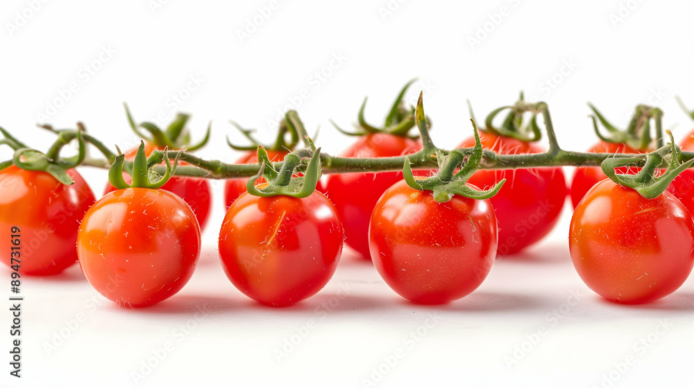 Fresh Cherry Tomatoes on Vine Against White Background - Close-up of vibrant red cherry tomatoes still attached to their green vine, set against a white background. Fresh Cherry Tomatoes on Vine Against White Background - Close-up of vibrant red cherry tomatoes still attached to their green vine, set against a white background.