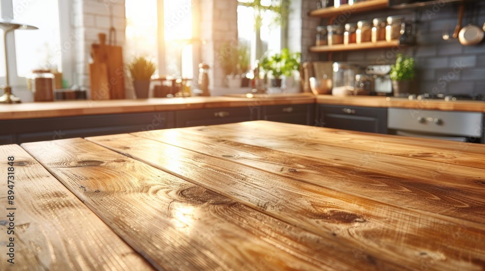 Rustic Wooden Tabletop in Sunny Kitchen with Blurred Background, Perfect for Product Placement or Food Photography Rustic Wooden Tabletop in Sunny Kitchen with Blurred Background, Perfect for Product Placement or Food Photography