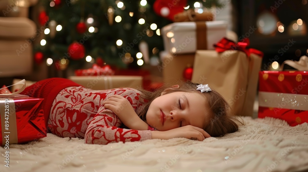 Young Girl Asleep Under Christmas Tree With Presents Young Girl Asleep Under Christmas Tree With Presents