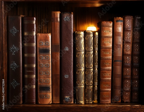 Estantería de madera oscura y antigua llena de libros viejos y antiguos en una librería con luz tenue