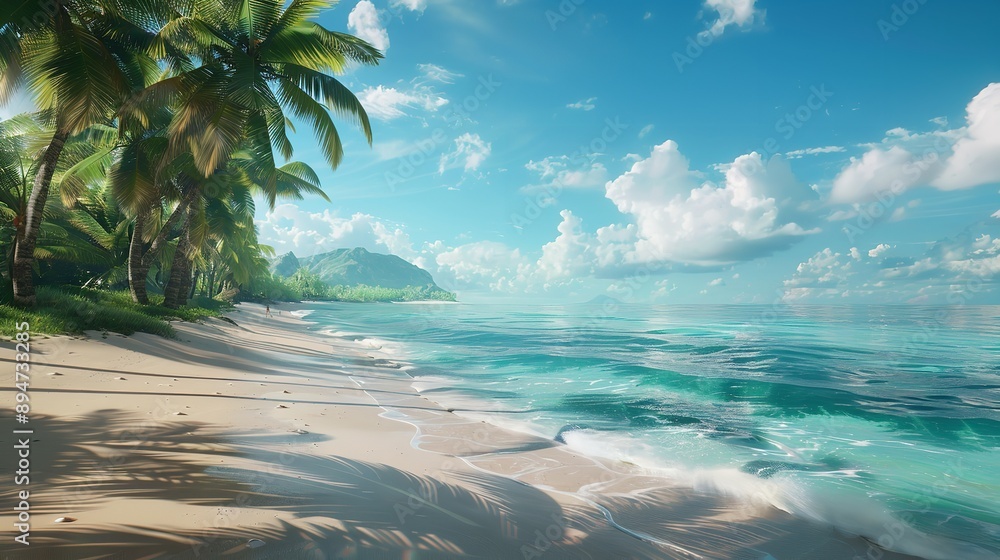 Fototapeta premium Beautiful summer background with palm leaves and sandy sea beach under a blue sky. Copy space.