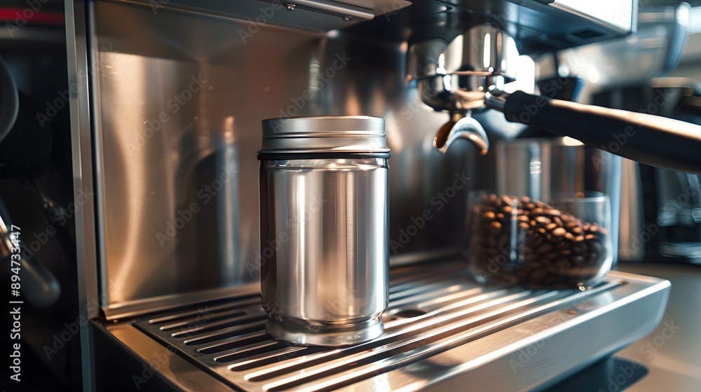Coffee Canister: A metal coffee canister with no label next to a coffee maker.
Coffee Canister: A metal coffee canister with no label next to a coffee maker.