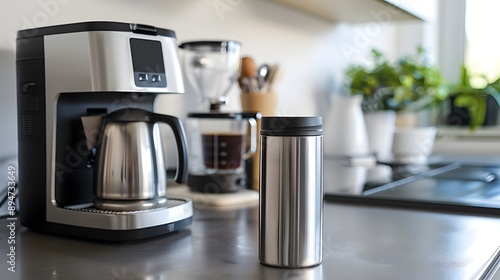 Coffee Canister: A metal coffee canister with no label next to a coffee maker. 