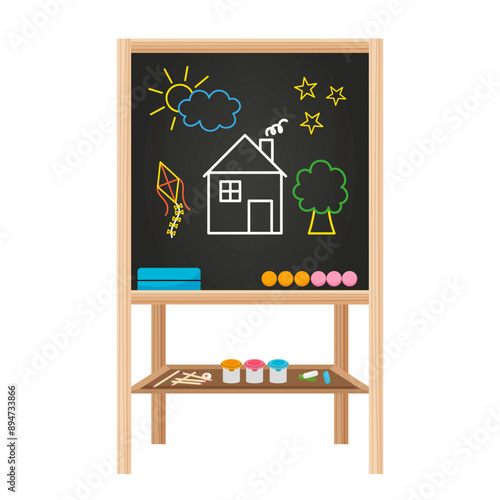 Blackboard easel with childish drawings, art supplies. Creative kid doodle on chalkboard.