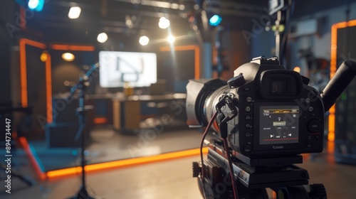 A camera set up on a tripod in a television studio, ready to film. The camera lens is pointed towards the studio's set, with a screen displaying the camera's settings.