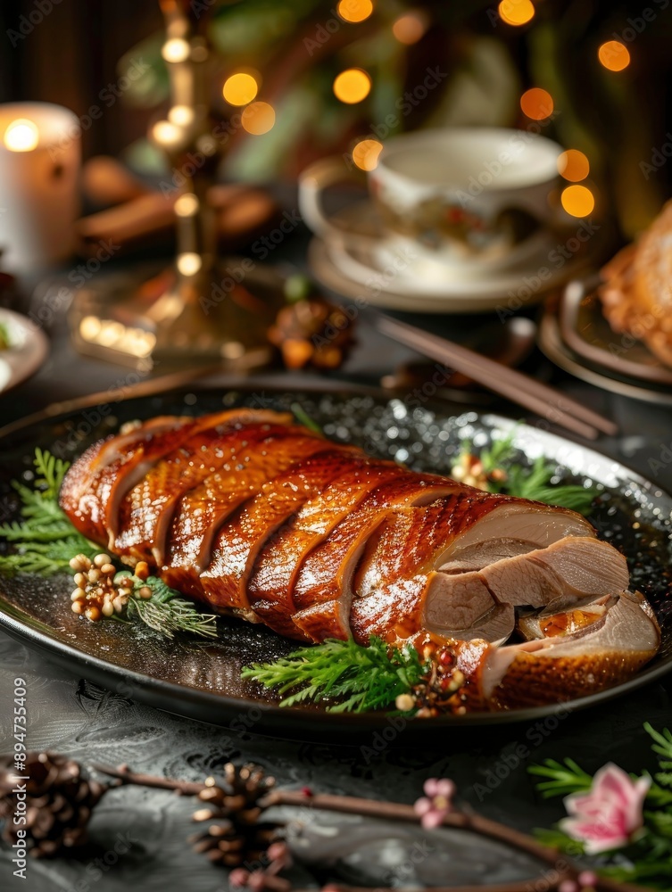 Delicious, beautifuly served, fresh Peking Duck, exquisite decor, staged professional photography, food photography Delicious, beautifuly served, fresh Peking Duck, exquisite decor, staged professional photography, food photography