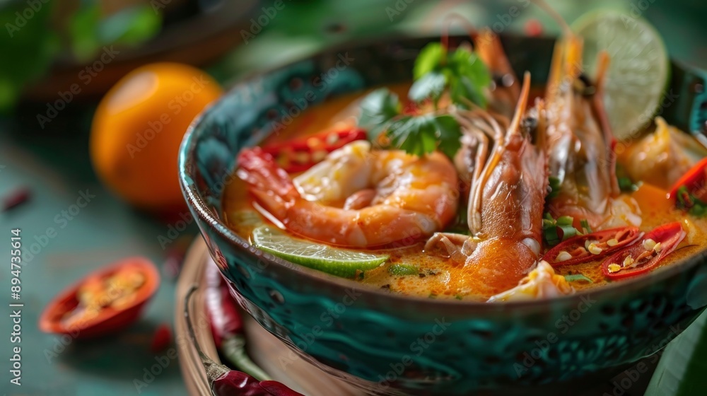 Delicious, beautifuly served, fresh Tom Yum, exquisite decor, staged professional photography, food photography Delicious, beautifuly served, fresh Tom Yum, exquisite decor, staged professional photography, food photography