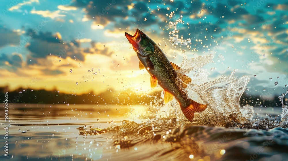 Fototapeta premium Close-up of a fish jumping over the water surface in a lake, with splashes and a beautiful sky background, perfect for a fishing concept