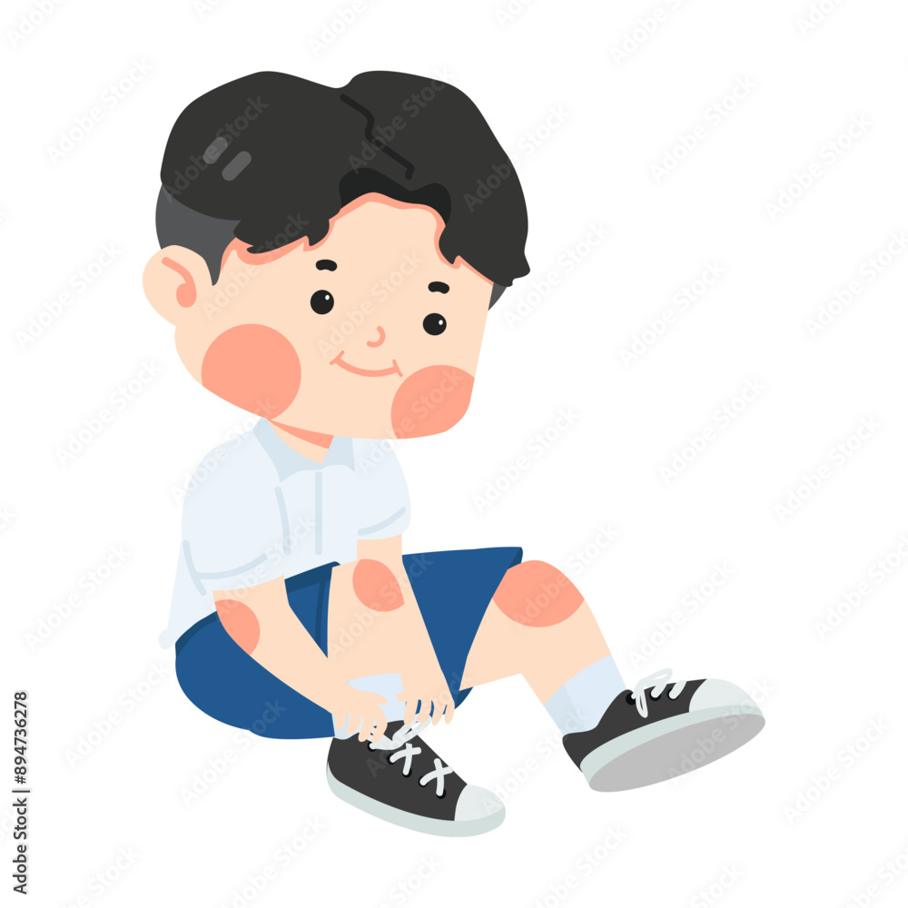 Cute kid boy tying shoe laces Cute kid boy tying shoe laces