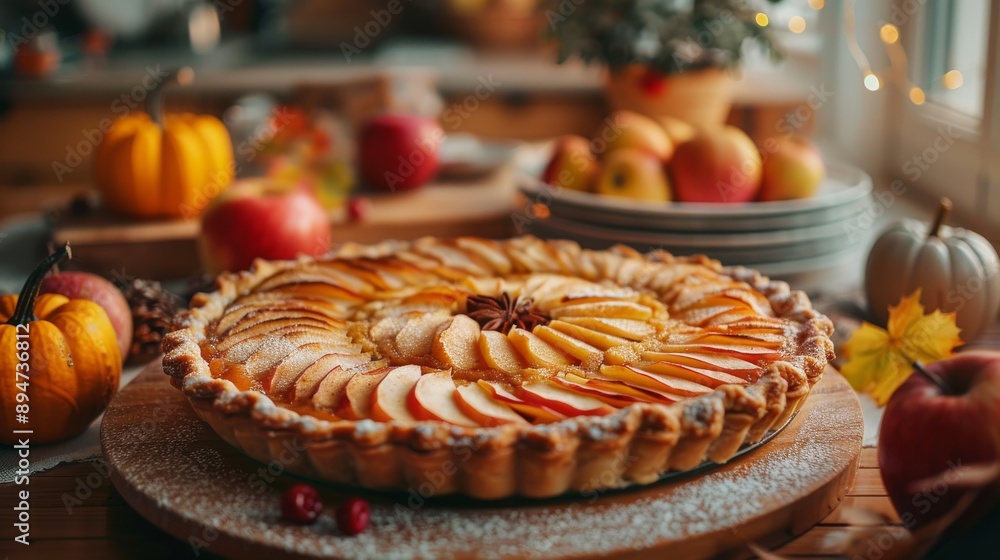 Apple pie in cozy kitchen, autumn decorations, pumpkins. Fall season, harvest time, baking desserts Apple pie in cozy kitchen, autumn decorations, pumpkins. Fall season, harvest time, baking desserts